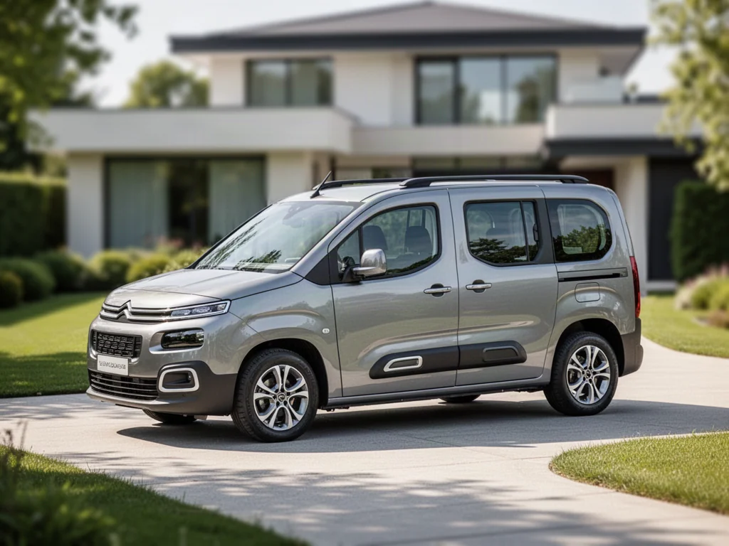 Srebrny Citroen Berlingo zaparkowany na podjeździe nowoczesnego domu, prezentujący przestronną sylwetkę auta.