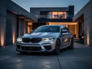Srebrny Jaguar XE zaparkowany na nowoczesnym podjeździe o zmierzchu, z włączonymi reflektorami.