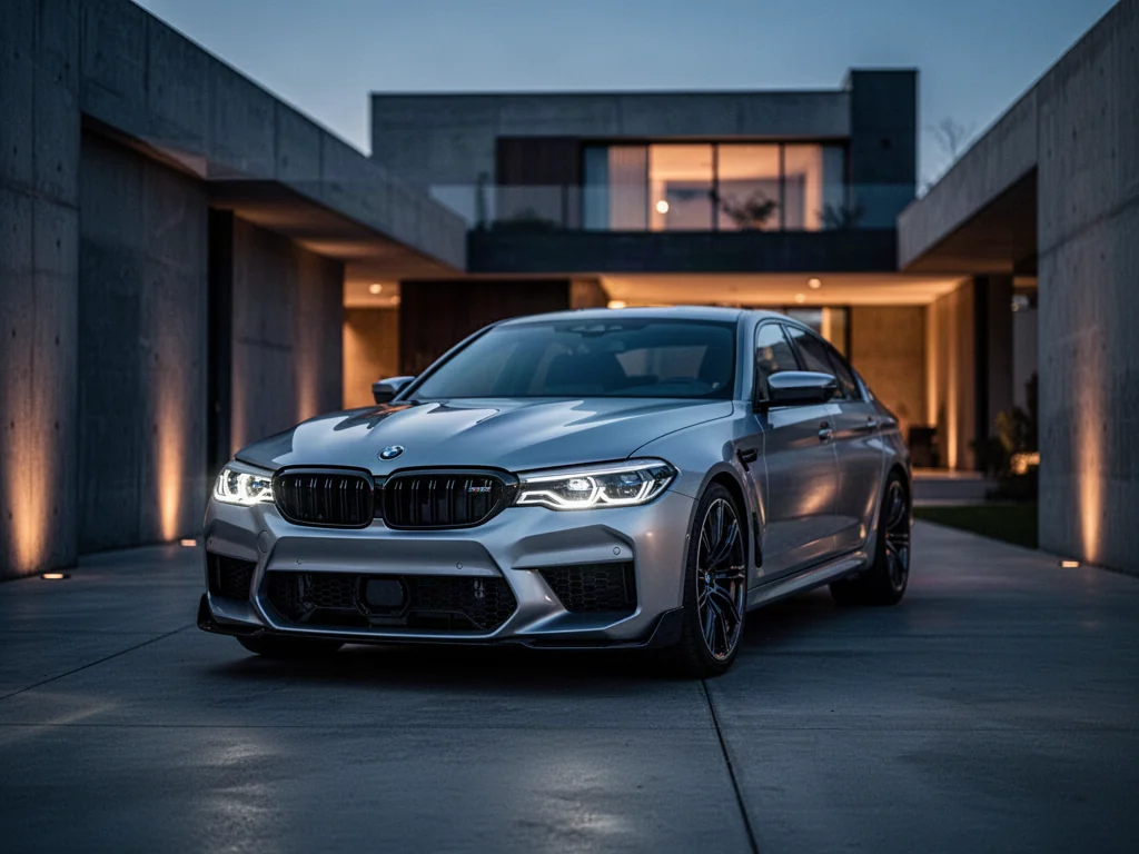 Srebrne BMW M5 G90 zaparkowane na nowoczesnym podjeździe o zmroku, podkreślające agresywny design i oświetlenie LED auta.