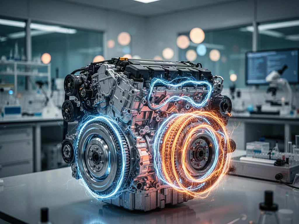 Nowoczesny silnik hybrydowy z wizualizacją przepływu energii, podkreślający zaawansowaną technologię napędu.