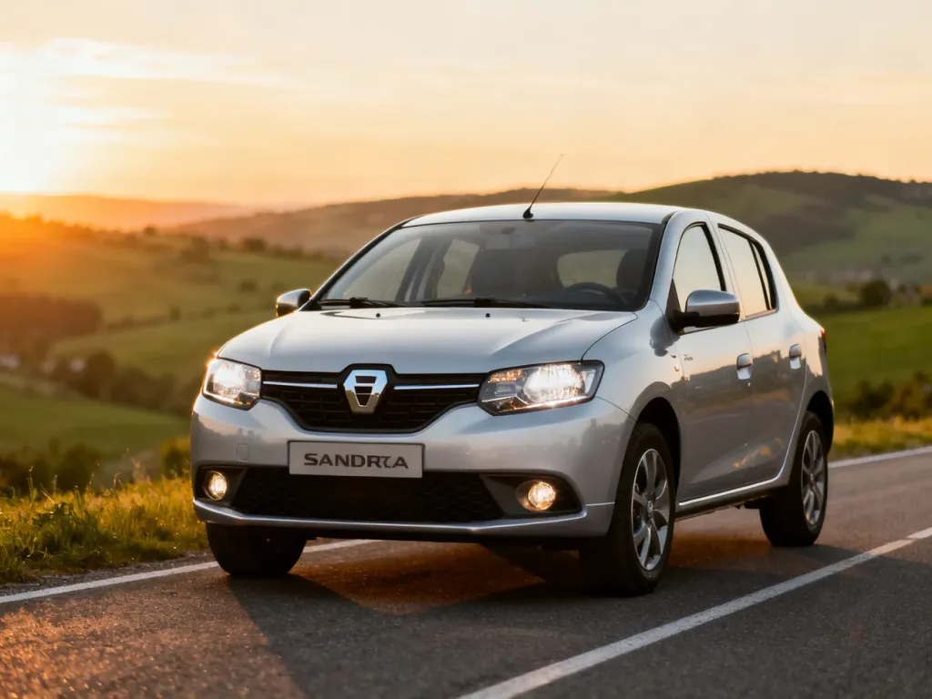 Srebrna Dacia Sandero II zaparkowana na drodze asfaltowej w blasku zachodzącego słońca na tle malowniczego krajobrazu.