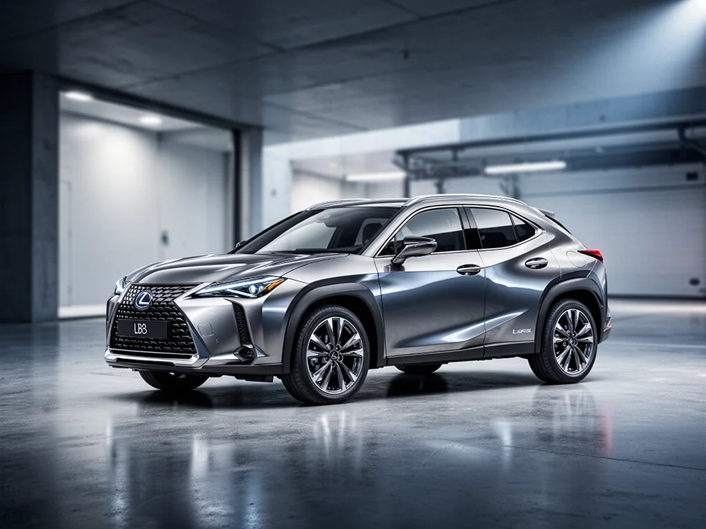 Nowoczesny Lexus LBX w wersji kompaktowego SUV-a zaparkowany w minimalistycznym, profesjonalnym studiu.