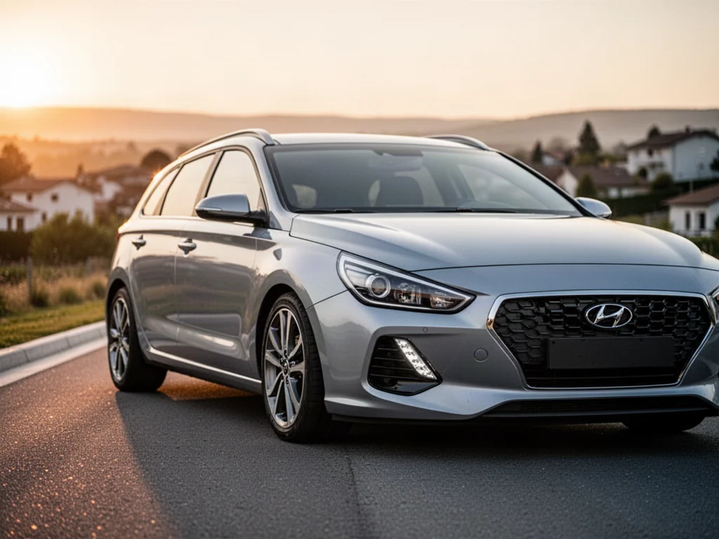 Srebrny Hyundai i30 kombi zaparkowany na drodze w świetle zachodzącego słońca, podkreślającym nowoczesny design przedniego pasa.