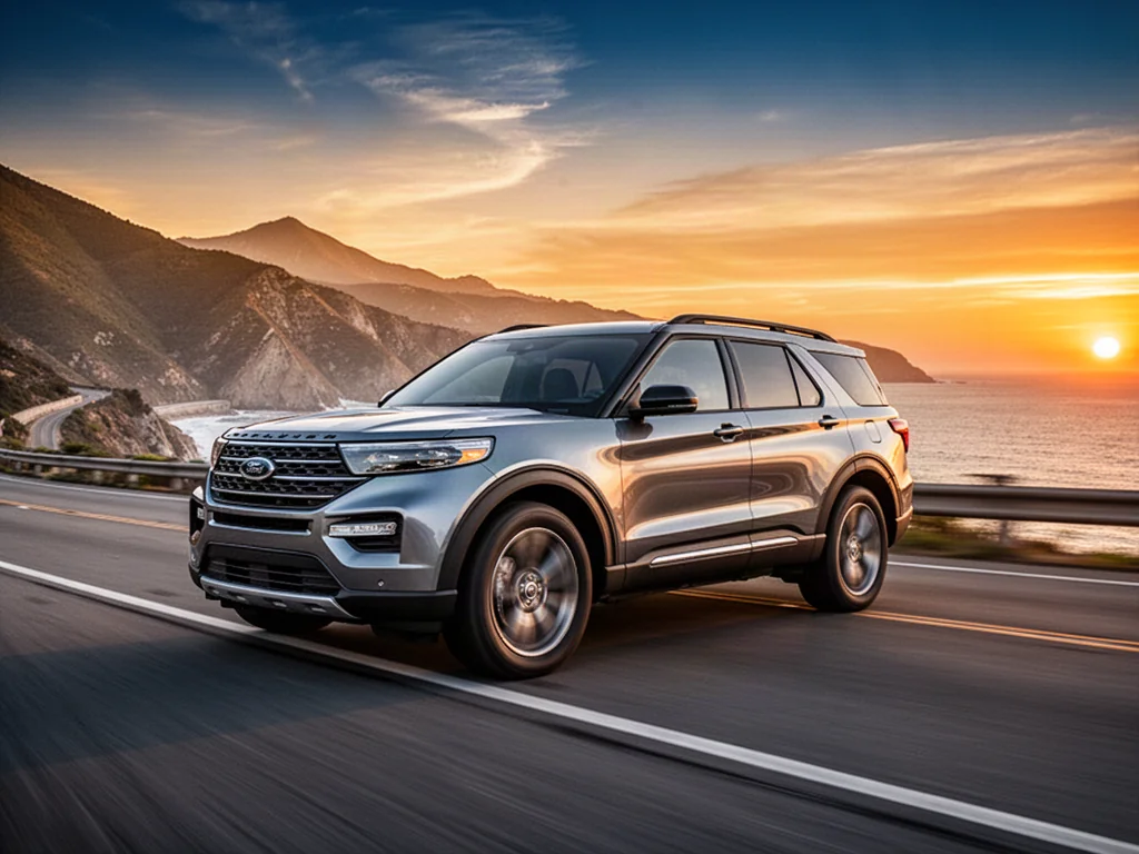 Nowoczesny Ford Explorer jadący nadmorską trasą podczas zachodu słońca. Profesjonalne ujęcie SUV-a w ruchu.