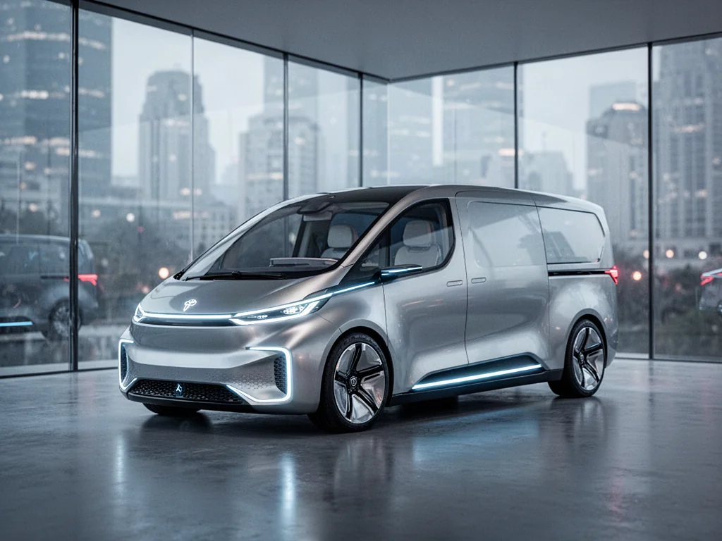 Futurystyczny, elektryczny van Kia PV5 zaparkowany w nowoczesnym, minimalistycznym studiu o szklanych ścianach.