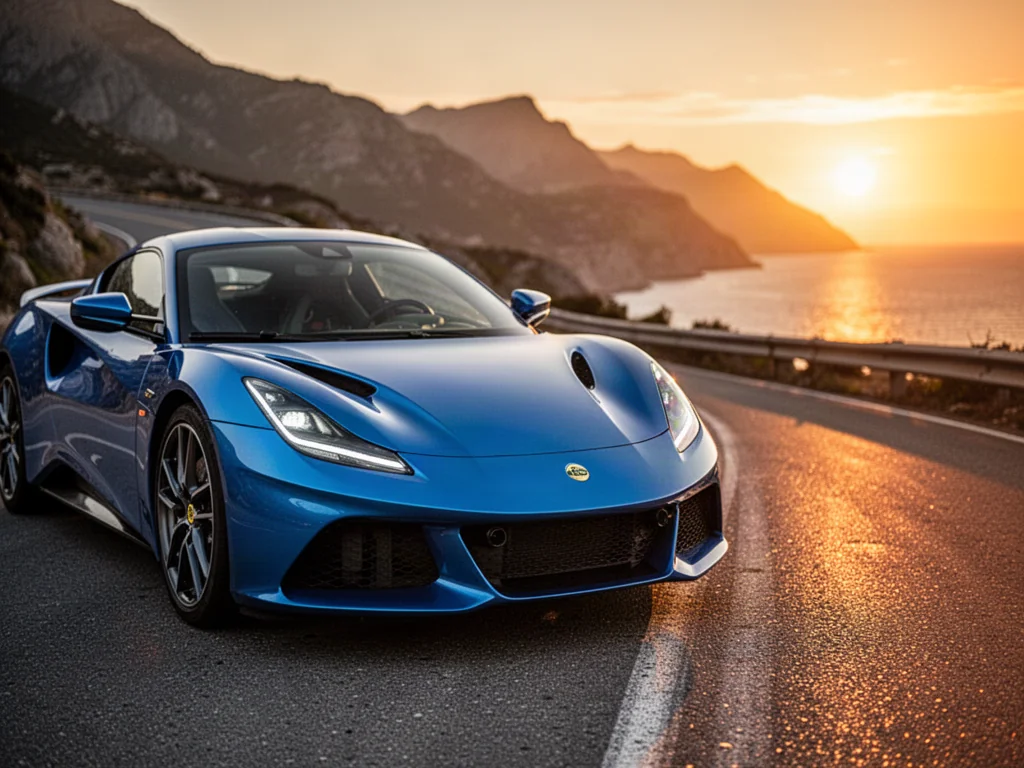 Metalicznie niebieski Lotus Emira zaparkowany na krętej nadmorskiej drodze podczas zachodu słońca.