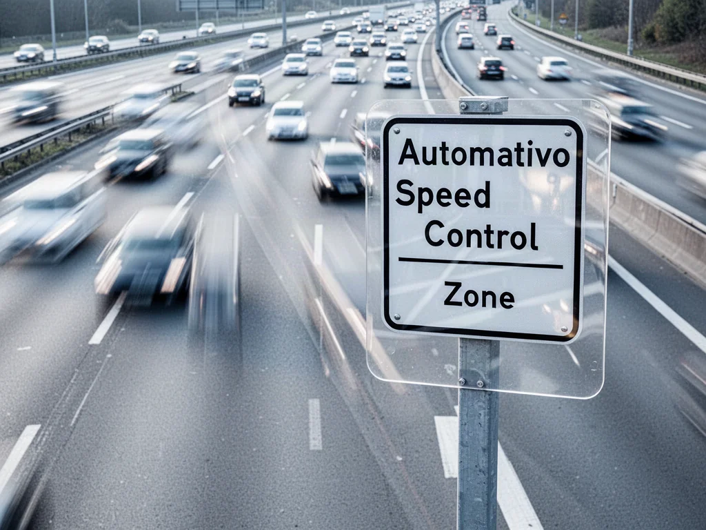 Znak D-51a informujący o automatycznej kontroli prędkości ustawiony przy nowoczesnej autostradzie.