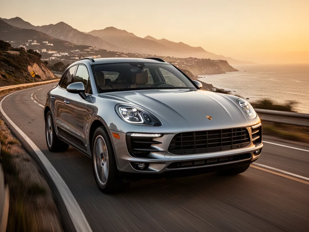 Srebrne Porsche Macan jadące dynamicznie krętą nadmorską drogą w świetle zachodzącego słońca.