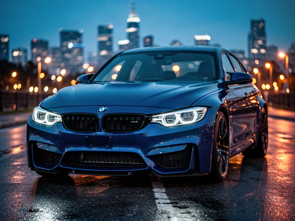 Granatowe BMW M3 zaparkowane na mokrym asfalcie o zmierzchu, z wyeksponowanym agresywnym przodem i miejskim efektem bokeh.