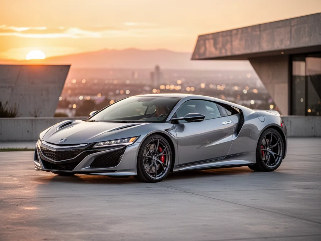 Srebrna Honda NSX zaparkowana na nowoczesnym podjeździe w świetle zachodzącego słońca, podkreślającym jej sportową sylwetkę.