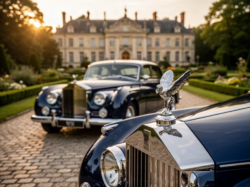 Klasyczny Rolls-Royce z lśniącą figurką Spirit of Ecstasy zaparkowany przed elegancką rezydencją w blasku zachodzącego słońca.