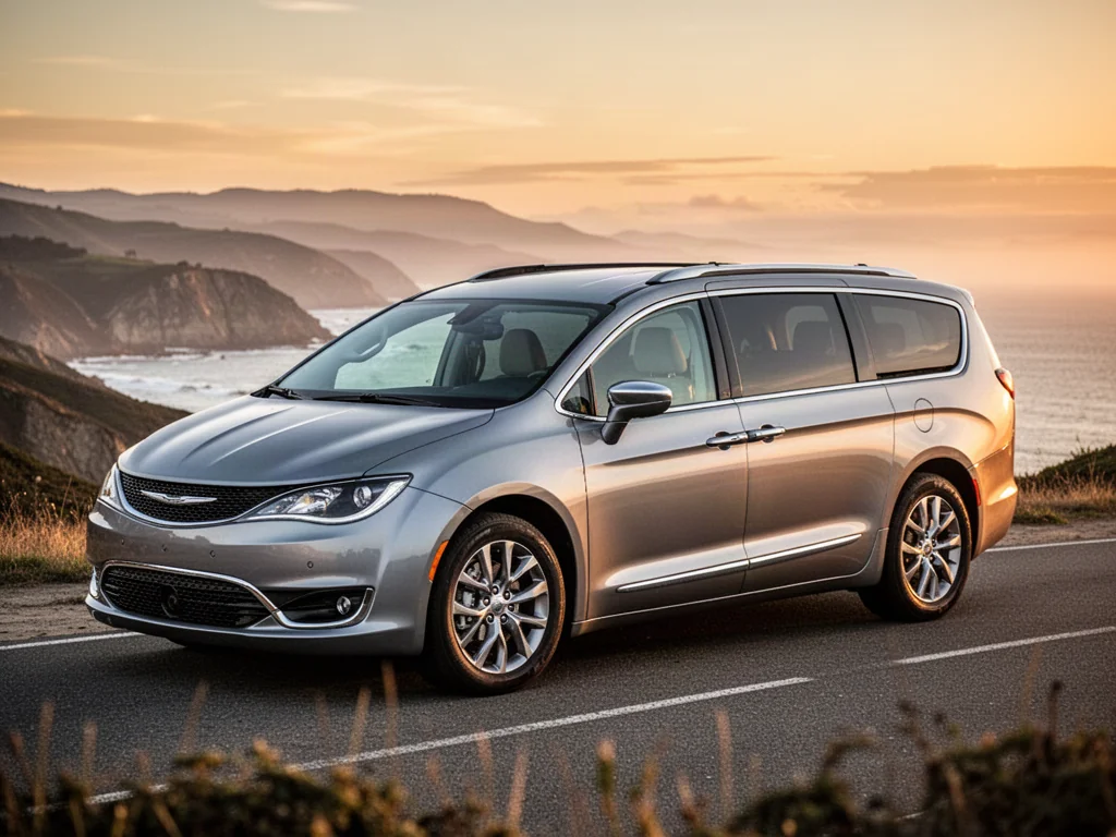 Srebrny Chrysler Grand Voyager zaparkowany na malowniczej nadmorskiej drodze podczas zachodu słońca.