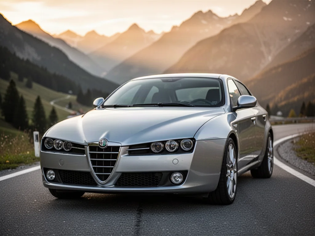 Srebrna Alfa Romeo 159 zaparkowana na górskiej drodze podczas zachodu słońca, podkreślająca elegancki design samochodu.