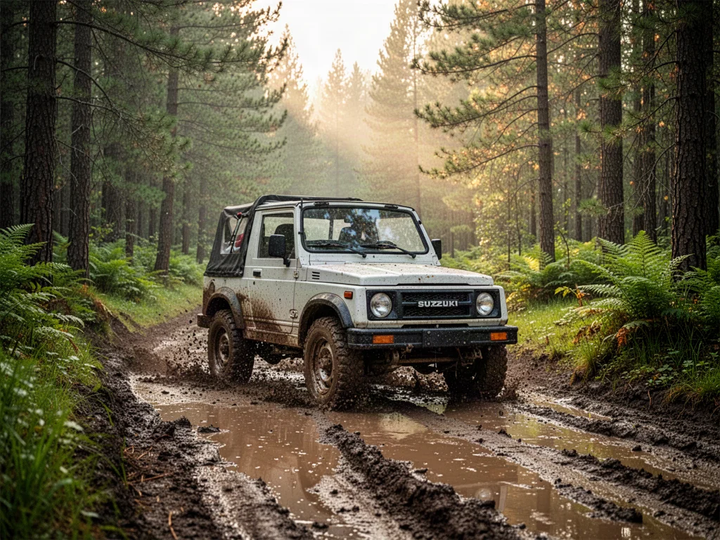 Klasyczny Suzuki Samurai jadący przez błotnistą leśną ścieżkę w otoczeniu drzew o poranku.