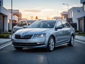 Srebrny sedan Bestune B70 zaparkowany na nowoczesnym podjeździe w świetle zachodzącego słońca.