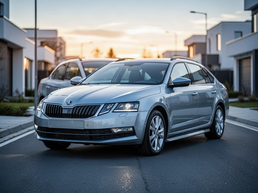 Srebrna Skoda Octavia 2 zaparkowana na nowoczesnej ulicy w świetle zachodzącego słońca. Widok z przodu w ujęciu dynamicznym.
