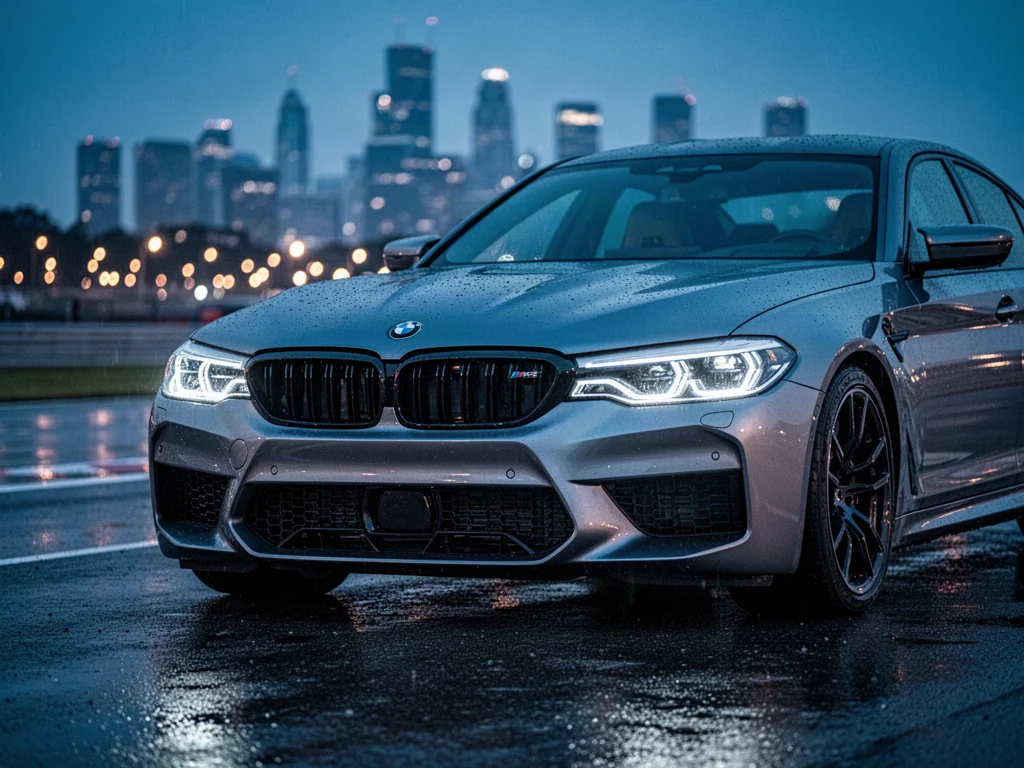 Nowoczesne BMW M5 zaparkowane na mokrym torze o zmierzchu, z wyeksponowanym agresywnym grillem i reflektorami LED.
