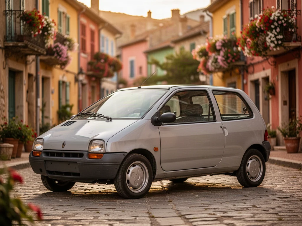 Klasyczny Renault Twingo pierwszej generacji zaparkowany na brukowanej uliczce w urokliwym francuskim miasteczku.