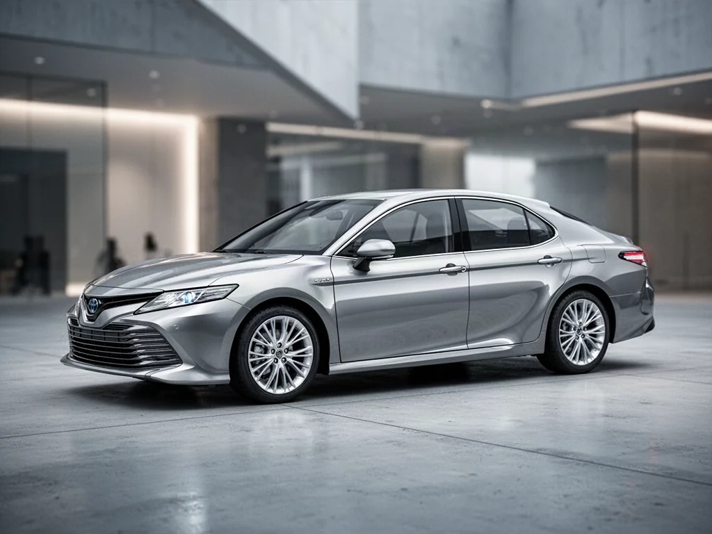 Srebrna Toyota Camry o nowoczesnej sylwetce zaparkowana w minimalistycznym, profesjonalnym studiu.