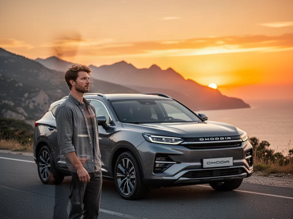 Nowoczesny SUV marki Omoda zaparkowany na malowniczej nadmorskiej drodze podczas zachodu słońca.