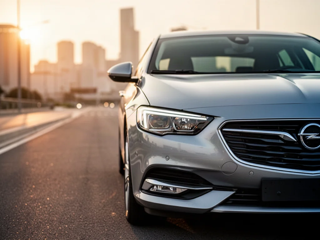 Srebrny Opel Insignia zaparkowany na nowoczesnej drodze w blasku zachodzącego słońca. Profesjonalne ujęcie przodu pojazdu.