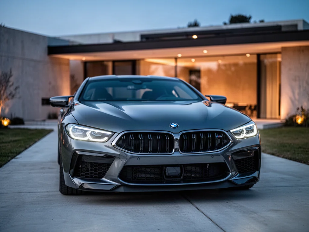 Srebrne BMW M8 zaparkowane na nowoczesnym podjeździe o zmierzchu, podkreślające agresywny design i sportowy charakter auta.