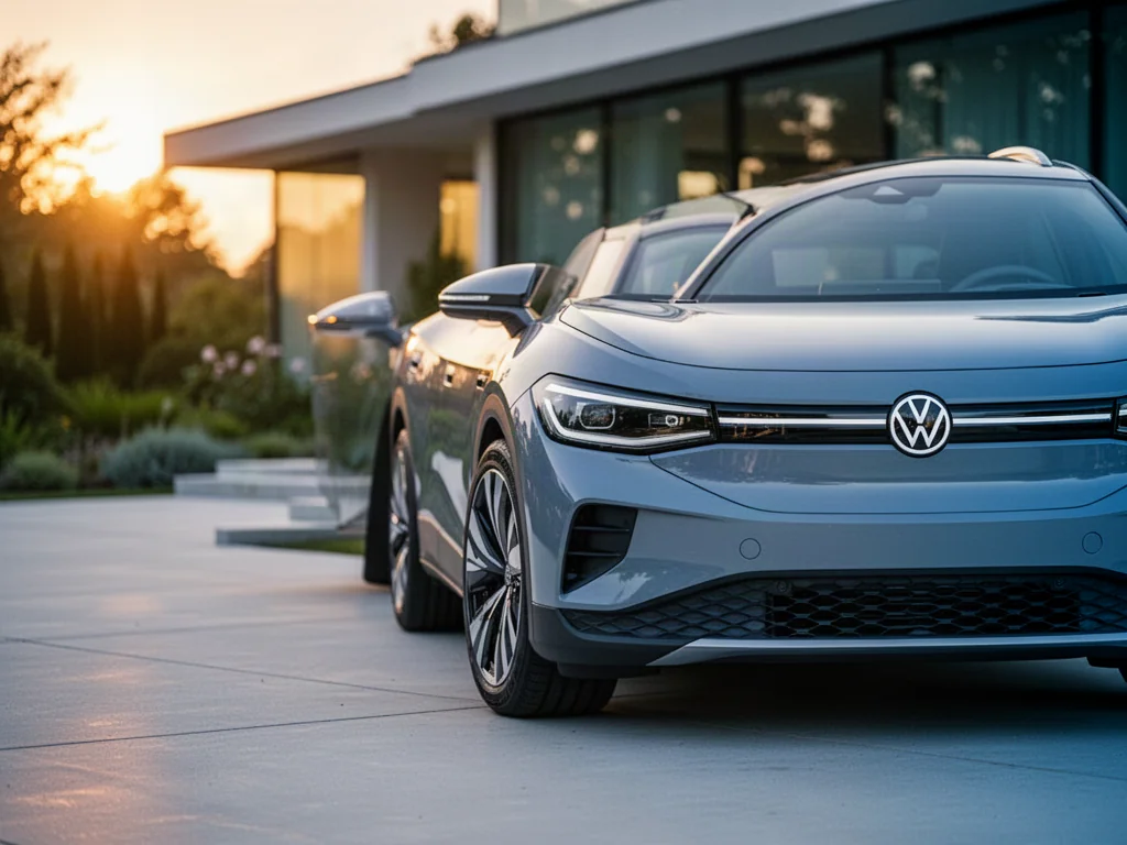Srebrny elektryczny VW ID.4 zaparkowany na podjeździe w świetle zachodzącego słońca, podkreślającym jego nowoczesny design.