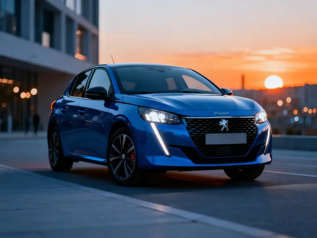 Nowoczesny Peugeot 208 zaparkowany na miejskiej ulicy o zachodzie słońca, eksponujący charakterystyczne reflektory LED.