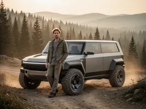 Luksusowy SUV Genesis GV80 zaparkowany na malowniczej nadmorskiej drodze podczas złotej godziny.