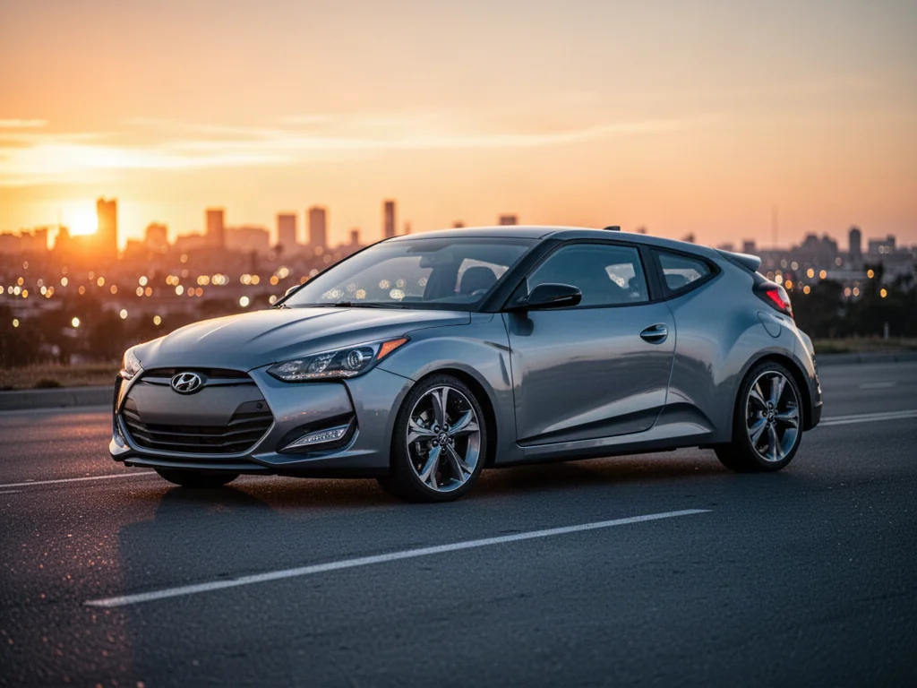 Srebrny Hyundai Veloster o aerodynamicznej sylwetce zaparkowany na drodze w blasku zachodzącego słońca.
