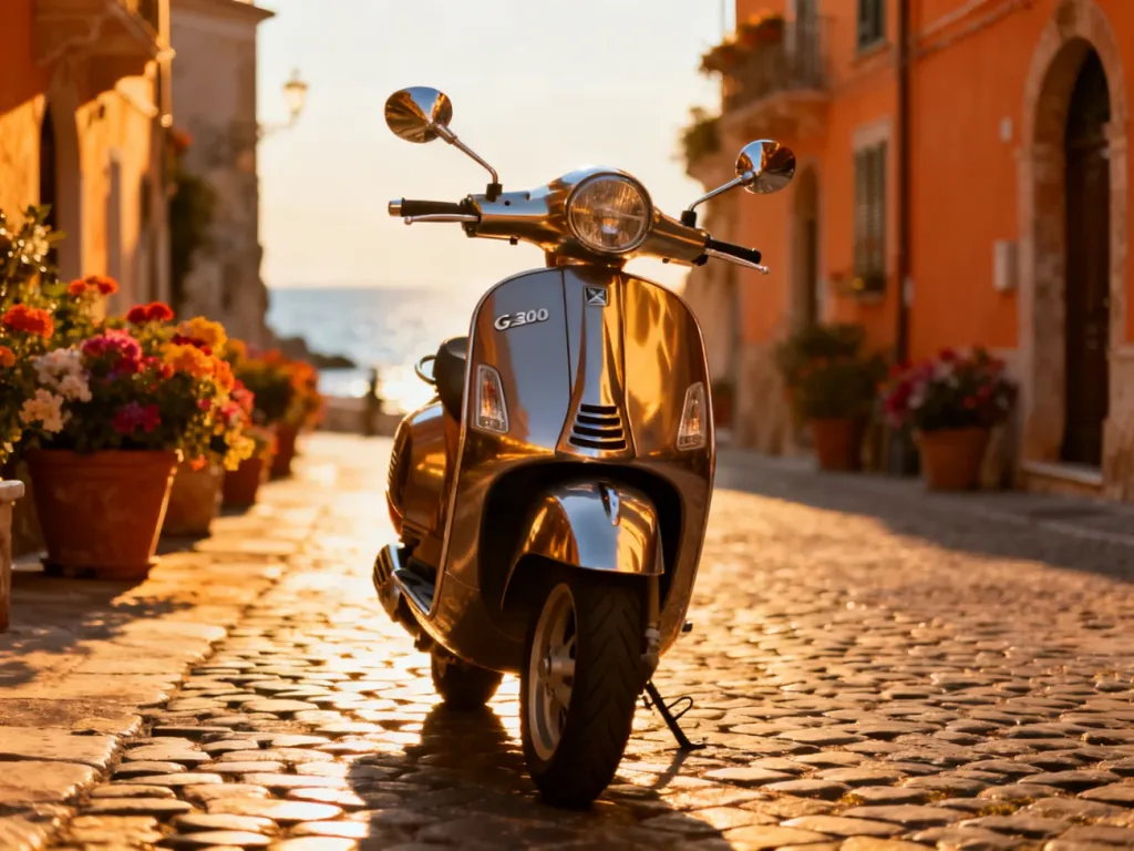 Nowoczesna Vespa GTS 300 zaparkowana na słonecznej, włoskiej uliczce z widokiem na morze.
