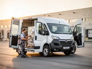 Nowoczesny SUV Omoda 5 zaparkowany na tle miejskiej architektury w świetle zachodzącego słońca, obok którego stoi zadowolony kierowca.