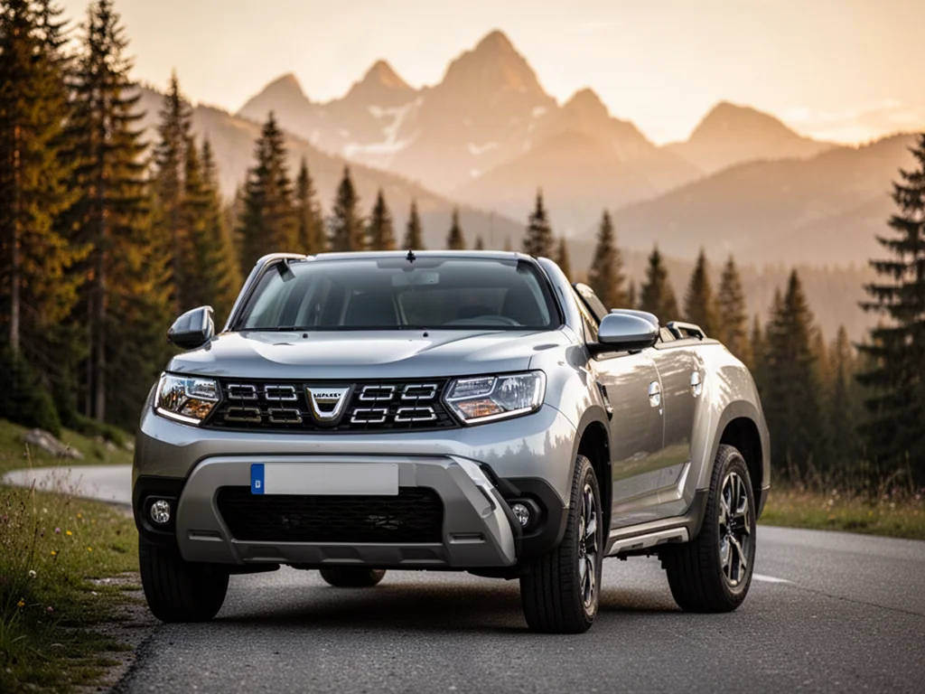 Srebrna Dacia Duster zaparkowana na górskiej drodze w świetle zachodzącego słońca, podkreślająca nowoczesny design auta.