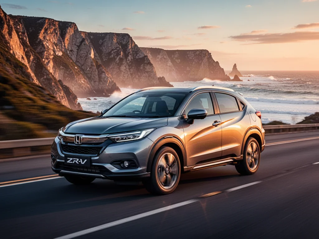 Srebrna Honda ZR-V jadąca nadmorską trasą podczas złotej godziny, podkreślająca nowoczesny i dynamiczny charakter SUV-a.
