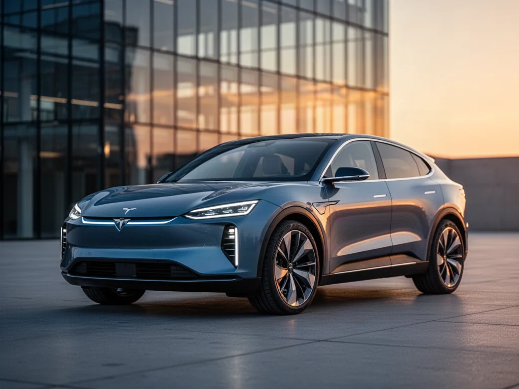 Nowoczesny elektryczny SUV marki BYD zaparkowany w minimalistycznej miejskiej scenerii podczas złotej godziny.