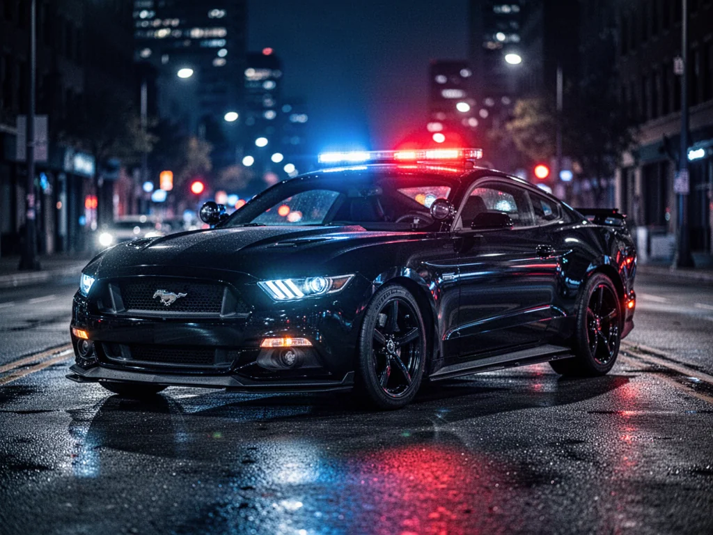 Policyjny Ford Mustang z włączonymi sygnałami świetlnymi zaparkowany na mokrej miejskiej drodze w nocy.
