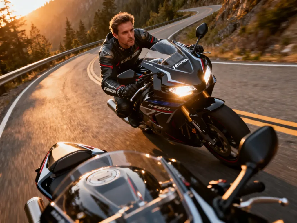 Motocyklista na Hondzie CBR600RR wchodzi w ostry zakręt na górskiej drodze podczas zachodu słońca.
