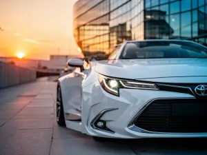 Srebrny Lexus ES 300h zaparkowany przed nowoczesnym domem w świetle zachodzącego słońca.