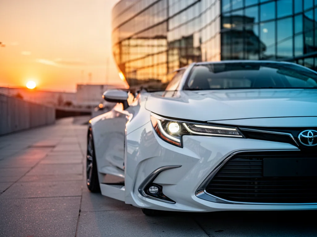 Biała Toyota Corolla zaparkowana na tle nowoczesnego budynku w świetle zachodzącego słońca.