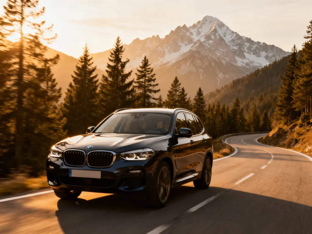 Nowoczesny SUV BMW X3 jadący malowniczą górską drogą w świetle zachodzącego słońca.