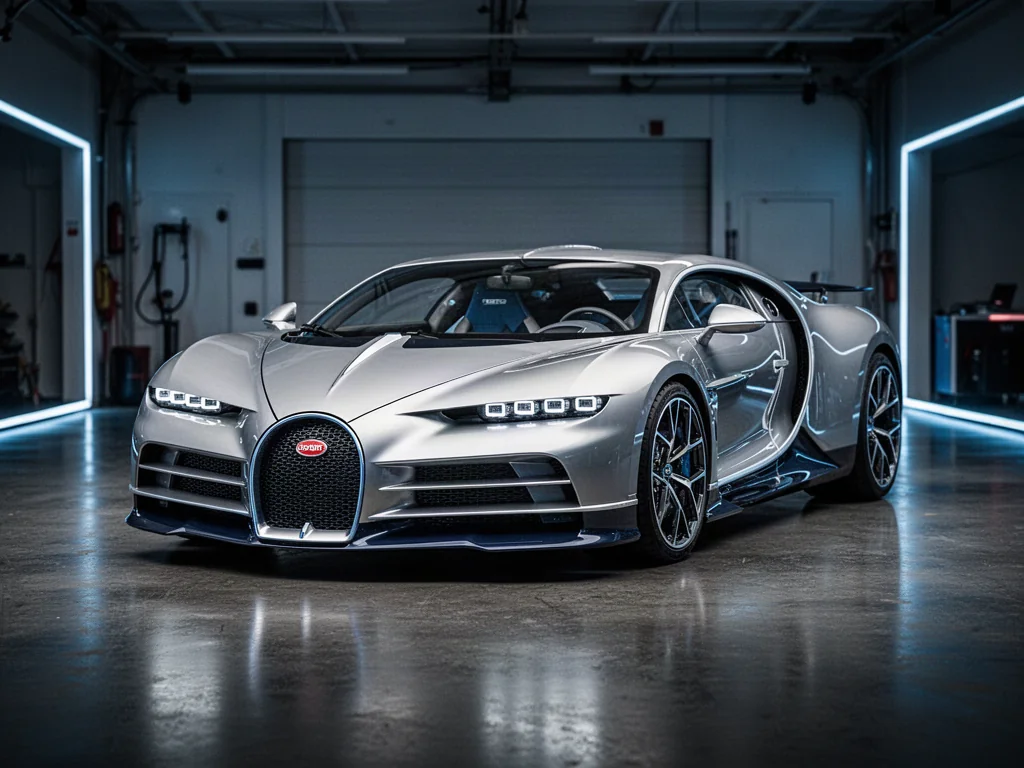 Srebrne Bugatti Centodieci w profesjonalnym studiu, podkreślające aerodynamiczne linie i luksusowy charakter auta.