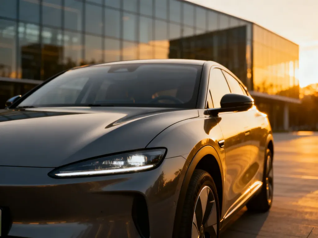 Nowoczesny elektryczny SUV BYD Seal U zaparkowany w miejskiej scenerii w świetle zachodzącego słońca.