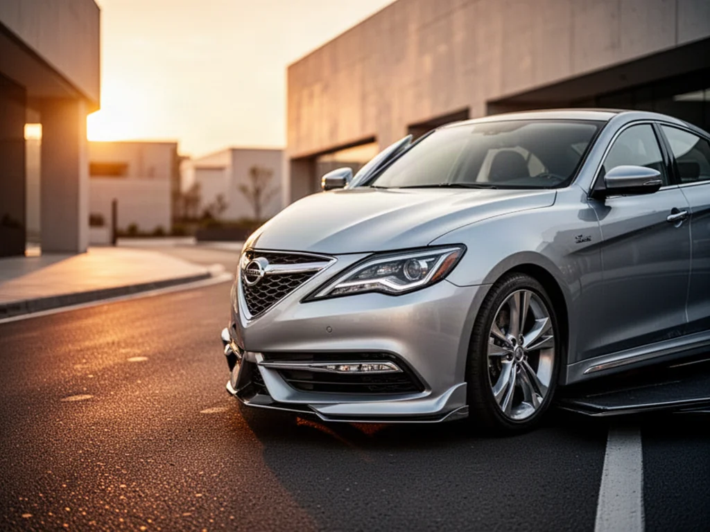 Srebrny sedan Seat Exeo zaparkowany na nowoczesnej drodze w świetle zachodzącego słońca.