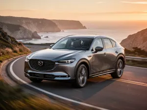 Srebrny SUV Chery Tiggo 8 zaparkowany na malowniczej górskiej drodze podczas zachodu słońca.