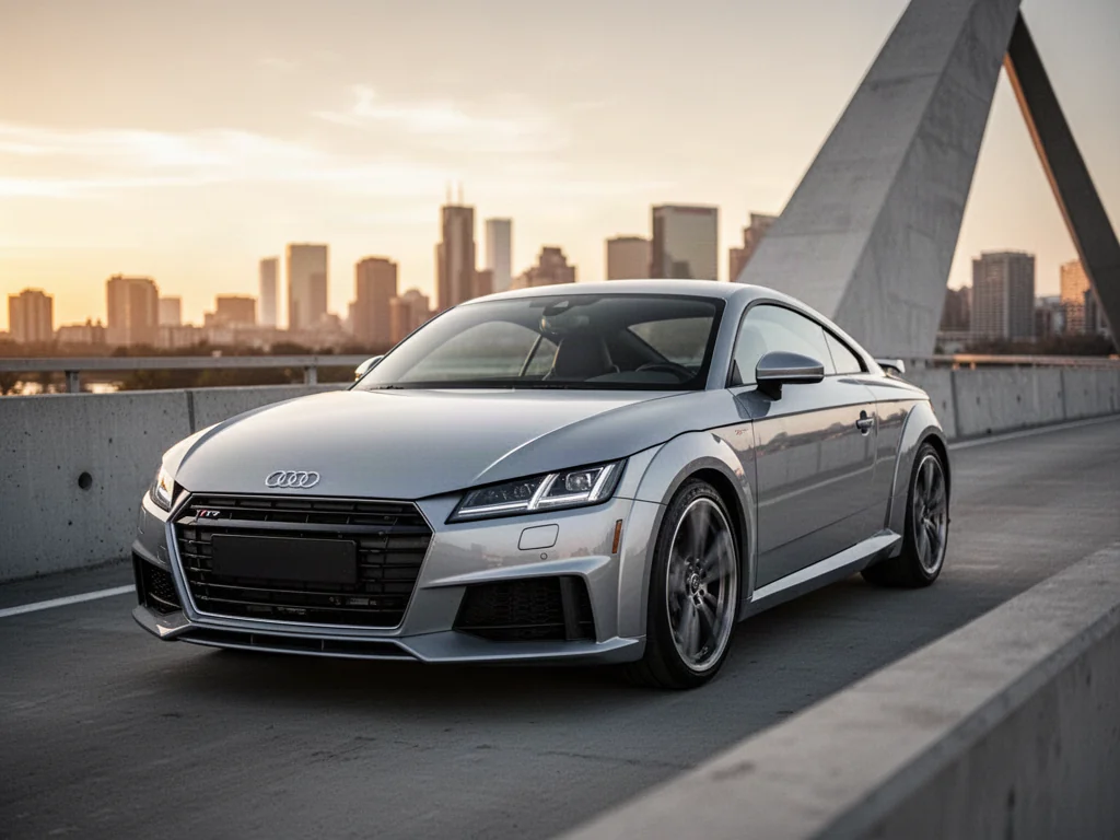 Srebrne Audi TT zaparkowane na nowoczesnym moście w świetle zachodzącego słońca, podkreślające aerodynamiczną sylwetkę auta.