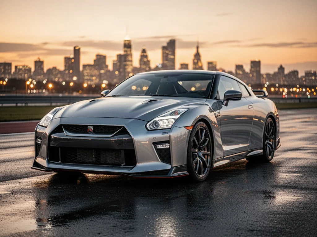 Srebrny Nissan GT-R R35 zaparkowany na mokrym torze podczas zachodu słońca, podkreślający agresywną stylistykę auta.