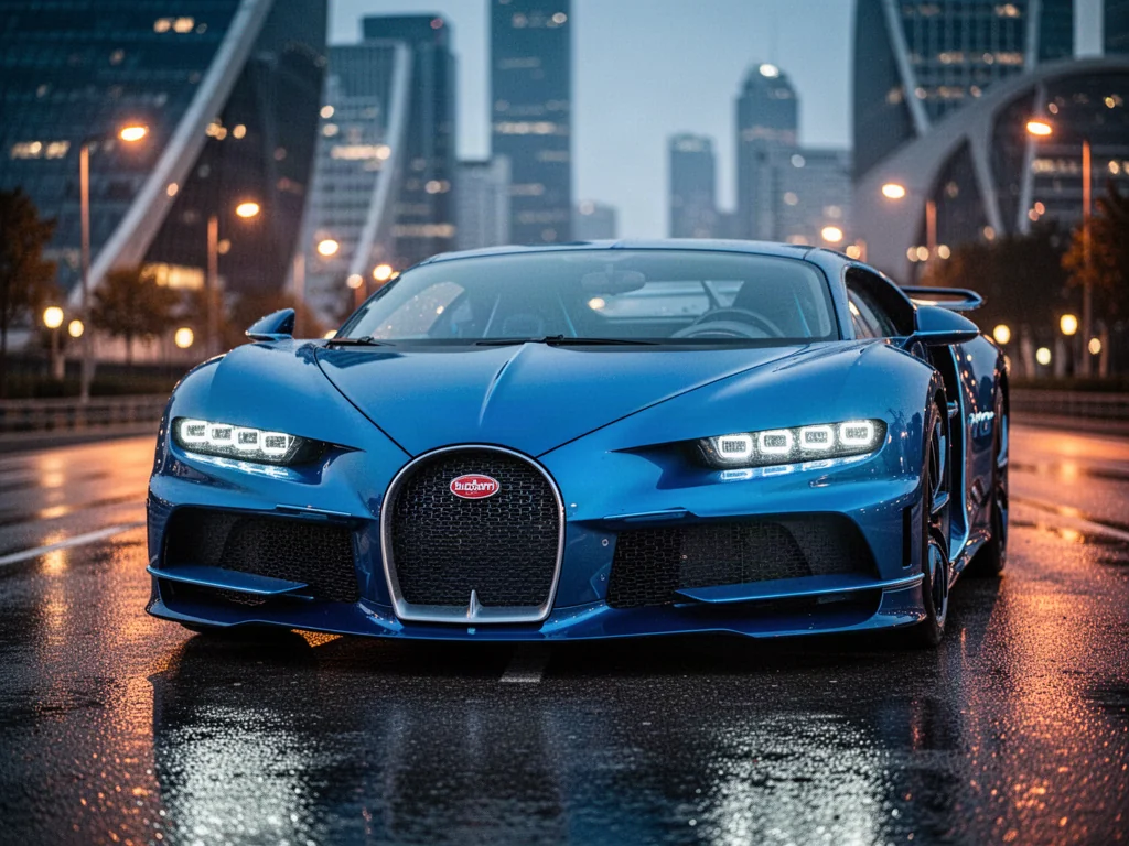 Niebieski Bugatti Divo zaparkowany na mokrym asfalcie o zmroku, prezentujący agresywny design i nowoczesną linię nadwozia.
