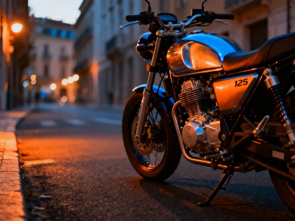 Nowoczesny motocykl Romet TANK 125 zaparkowany na miejskiej ulicy w świetle zachodzącego słońca.
