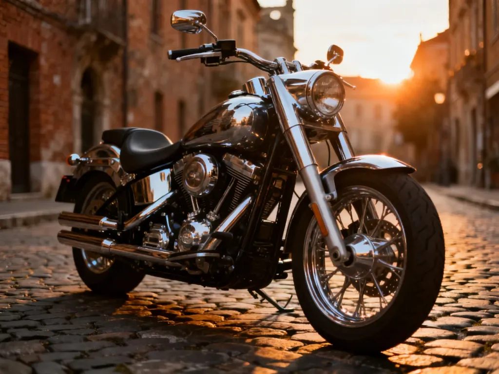 Klasyczny motocykl typu cruiser z chromowanymi detalami zaparkowany na brukowanej ulicy starego europejskiego miasta.