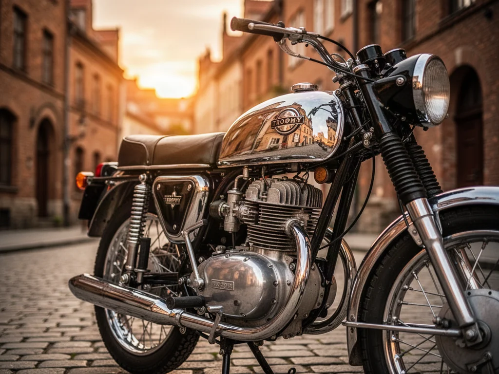 Zabytkowy motocykl MZ Trophy 250 zaparkowany na brukowanej uliczce w historycznym europejskim miasteczku o zachodzie słońca.